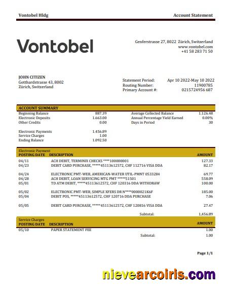 Switzerland Vontobel Bank Statement Sample