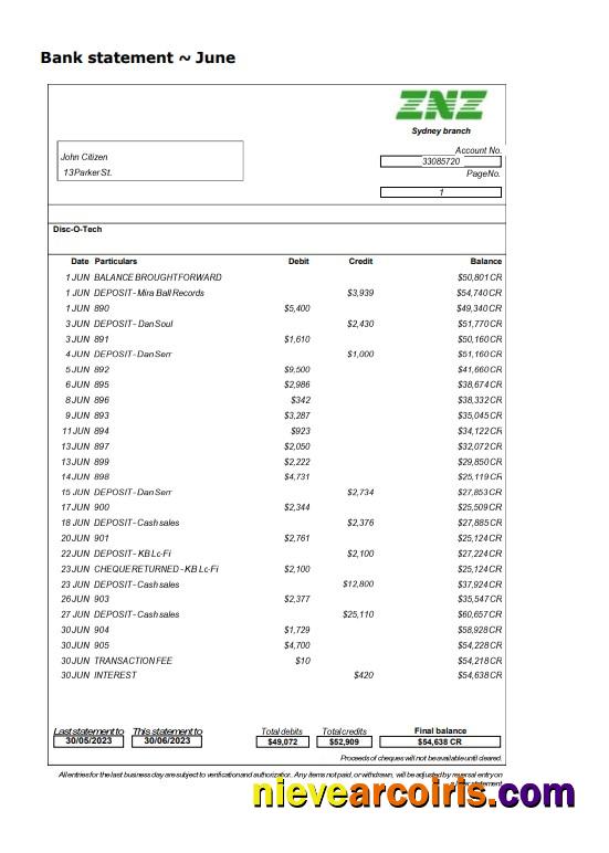 Realistic Sydney ZNZ Bank Statement Word And PDF Template