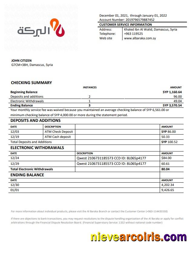 Syria Al Baraka Bank Statement Template