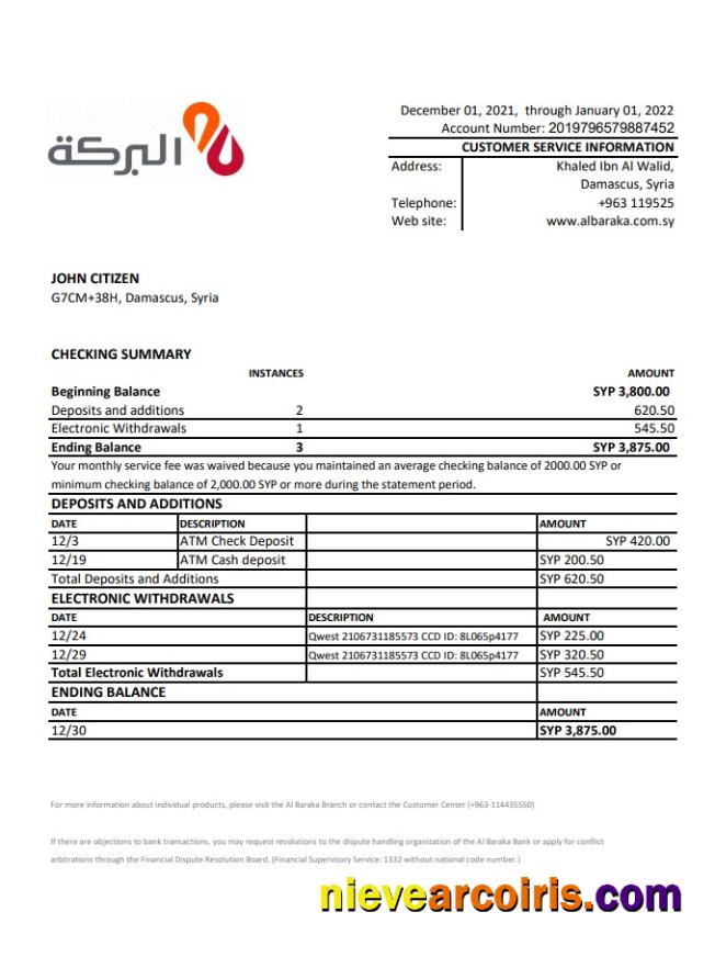 Syria Al Baraka Bank Statement Xls Template