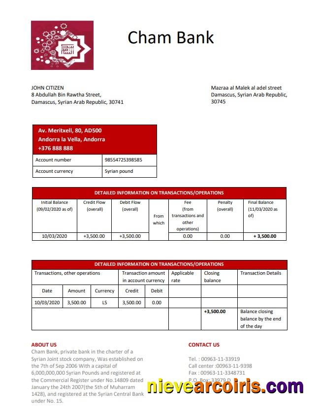Premium Syria Cham Bank Proof Of Address Statement Template In Word And PDF Format, .doc And .pdf Format