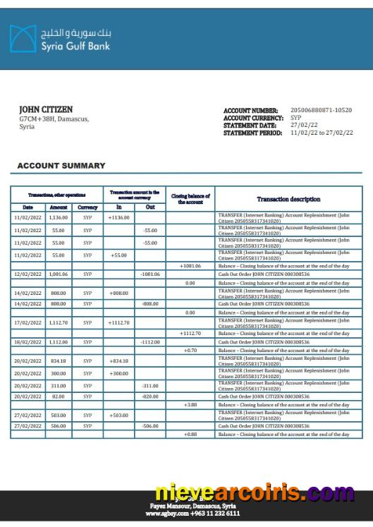 Professional Syria Gulf Bank Proof Of Address Statement Template In Word And PDF Format, .doc And .pdf Format