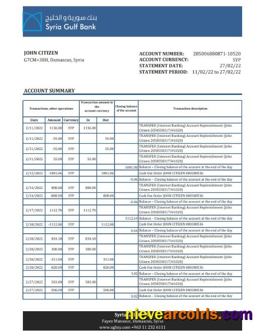 Syria Gulf Bank Statement Xls Template
