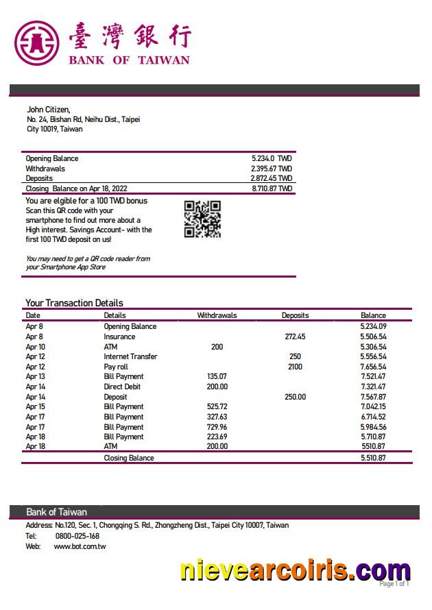 Taiwan Bank Of Taiwan Bank Statement Photolook