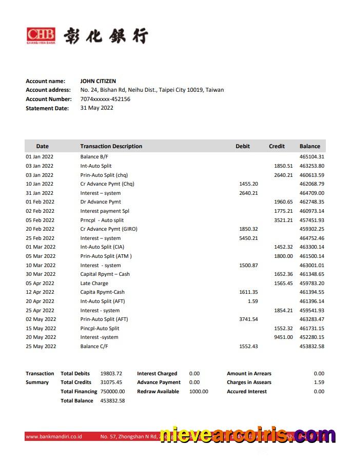 Taiwan Chang Hwa Bank Statement Xls Template
