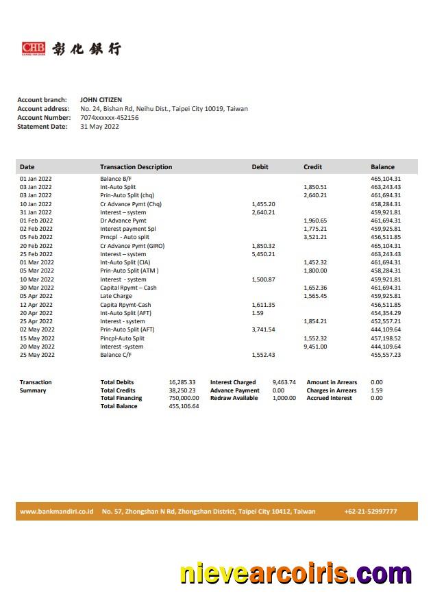 Taiwan Chang Hwa Bank Statement Template
