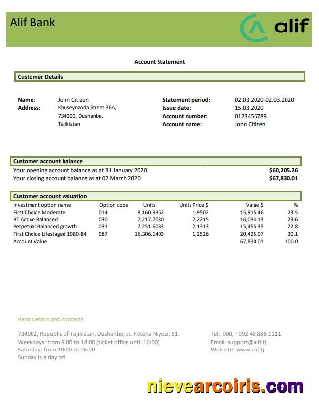 Tajikistan Alif Bank Statement Photolook