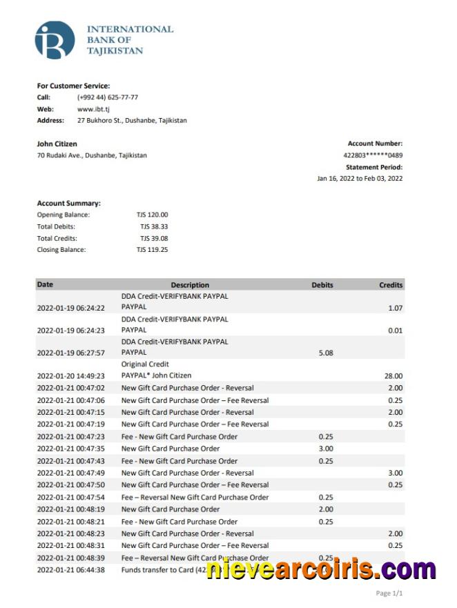 Tajikistan ITB Bank Statement Xls Template