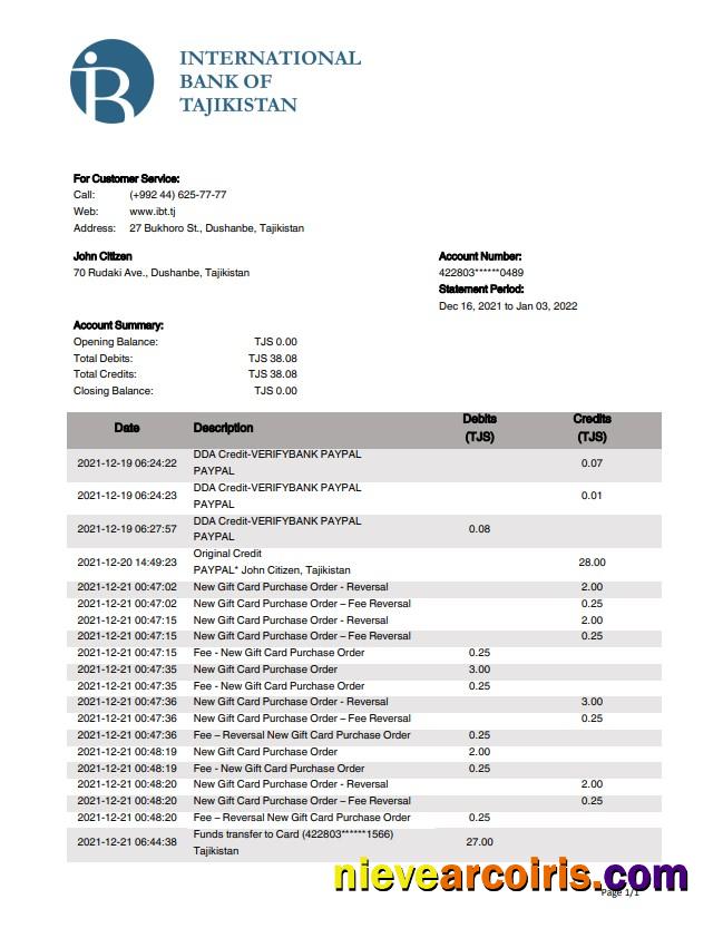 Tajikistan ITB Bank Statement Photolook