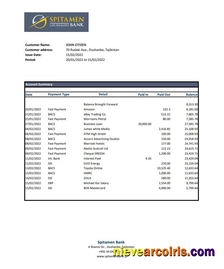 Tajikistan Spitamen Bank Statement Xls Sample