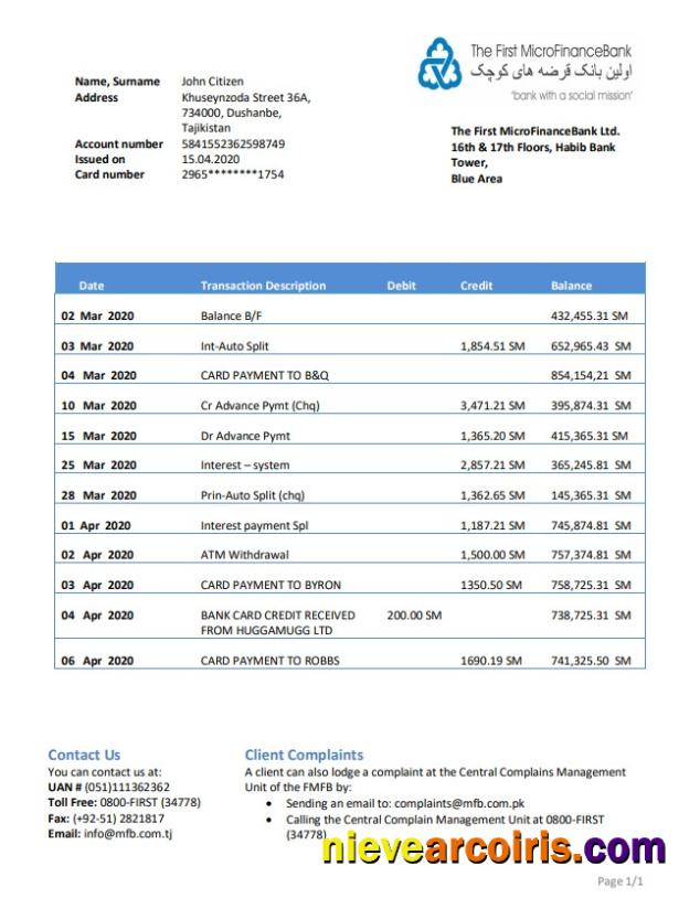Tajikistan The First MicroFinance (FMFB) Bank Statement Preview