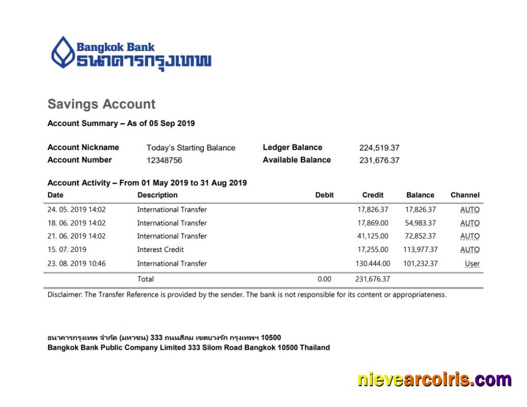 Professional Thailand Bangkok Bank Savings Account Statement Template In Word And PDF Format
