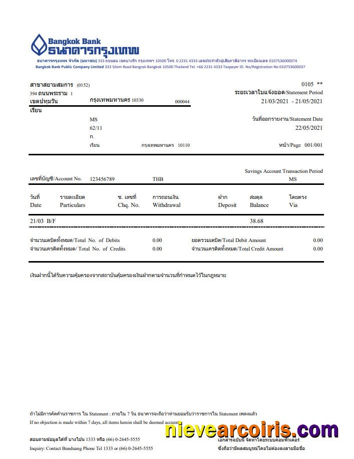 Premium Thailand Bangkok Bank Online Banking Transaction Statement Template In Word And PDF Format