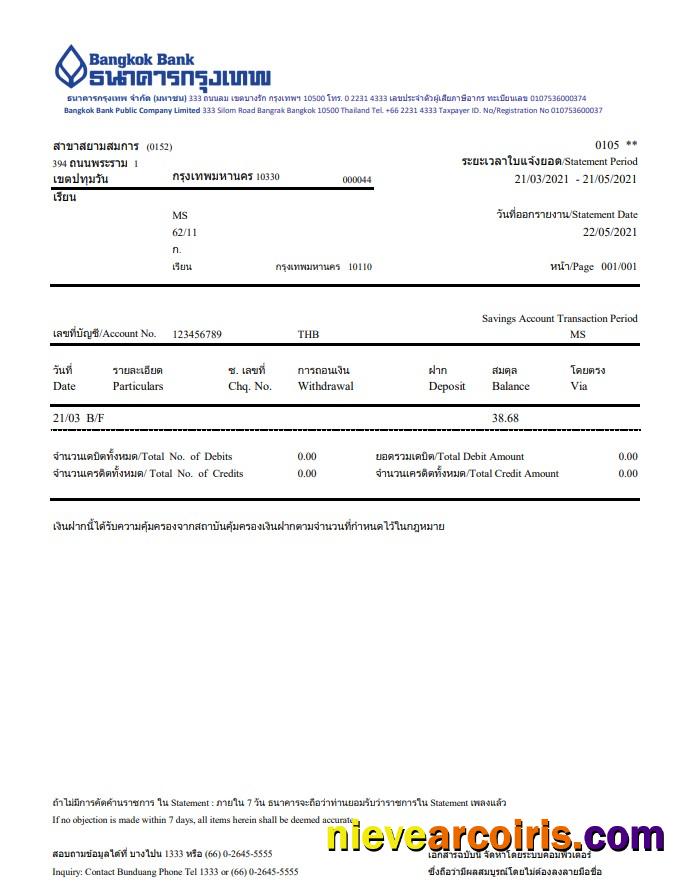 Editable Thailand Bangkok Bank Account Statement Template In Excel And PDF Format