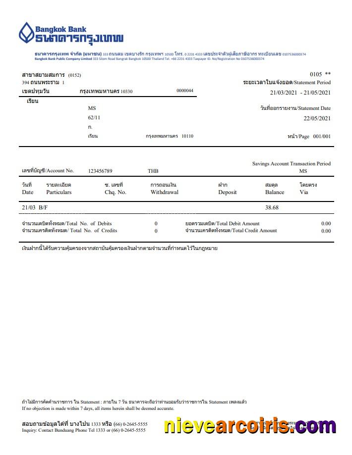 Professional Thailand Bangkok Bank Account Statement Template In Word And PDF Format