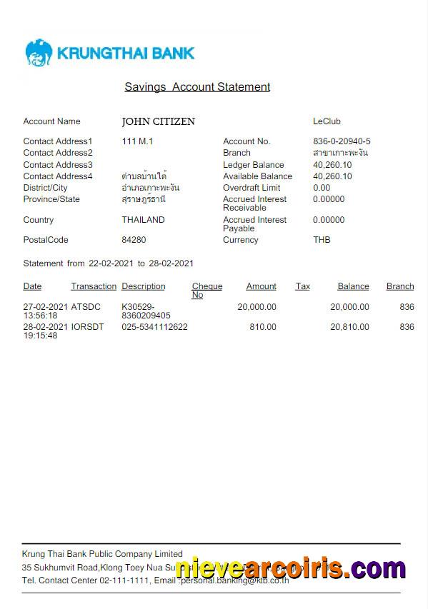 Thailand Krungthai Bank Statement Word And PDF Scr Template