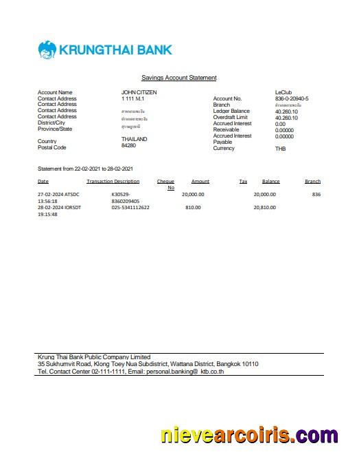 Editable Thailand Krungthai Bank Statement Word And PDF Template