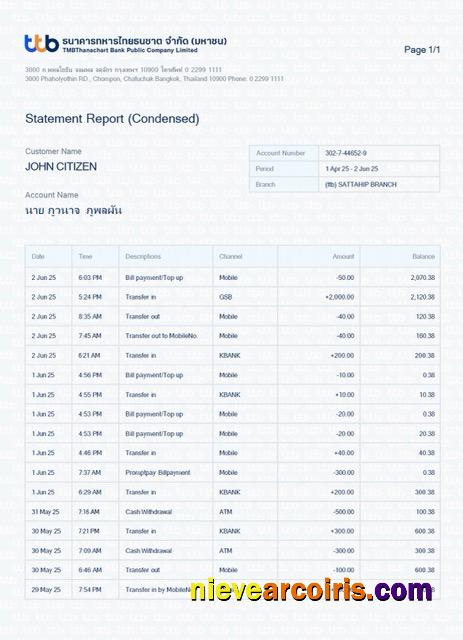 Editable Thailand TMBThanachart Bank Statement Report Word And PDF Template
