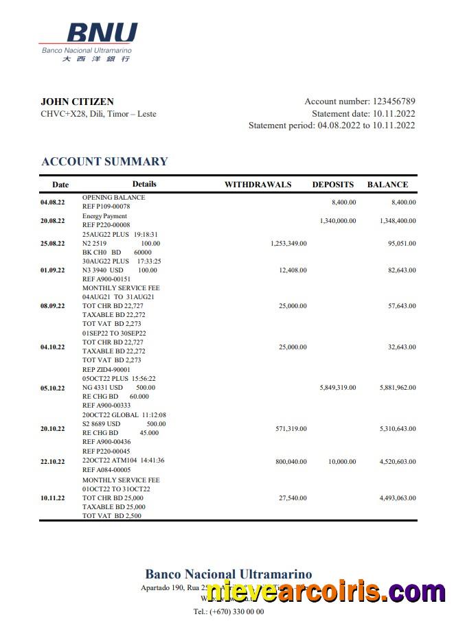 Timor Leste BNU Bank Statement Xls Sample