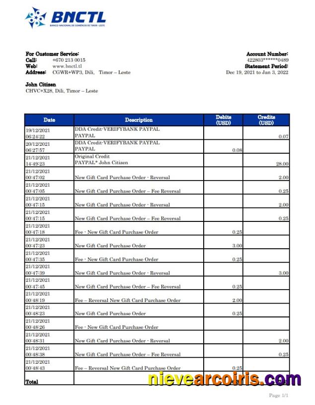 Timor Leste BNCTL Bank Statement Xls Preview