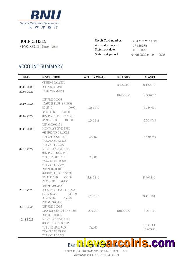 Timor Leste BNU Bank Statement Template