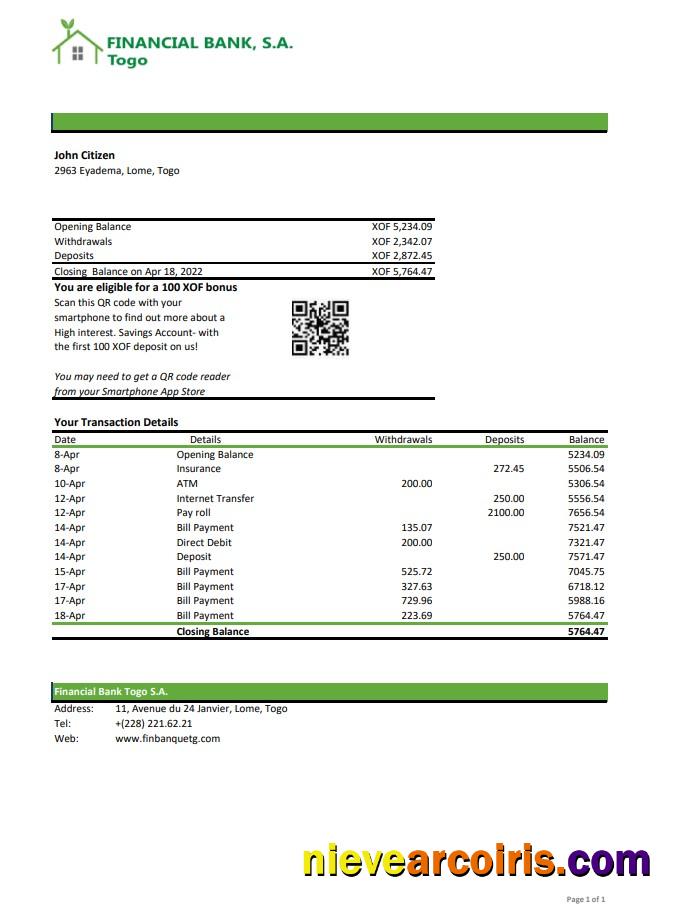 Togo Financial Bank Statement Xls Sample
