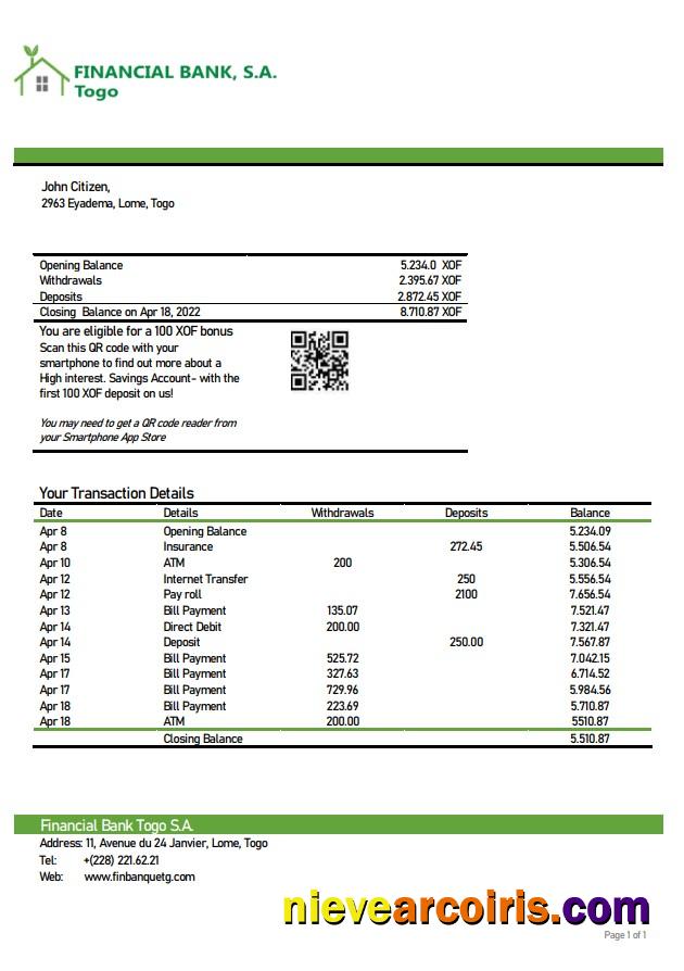 Togo Financial Bank Statement Template