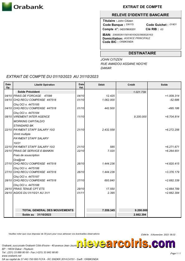 Realistic Togo Orabank Statement Word And PDF Template