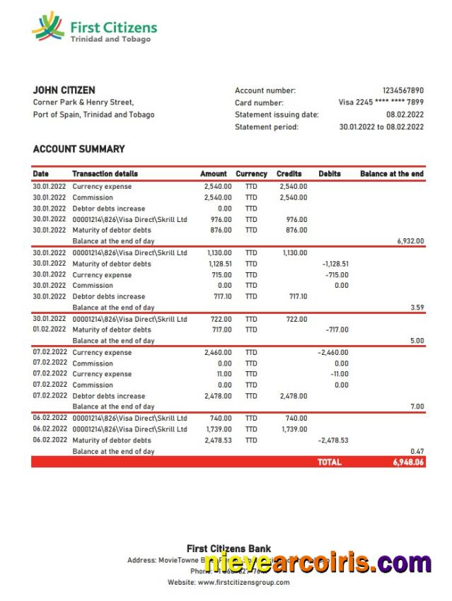 Trinidad And Tobago First Citizens Bank Statement Xls Sample