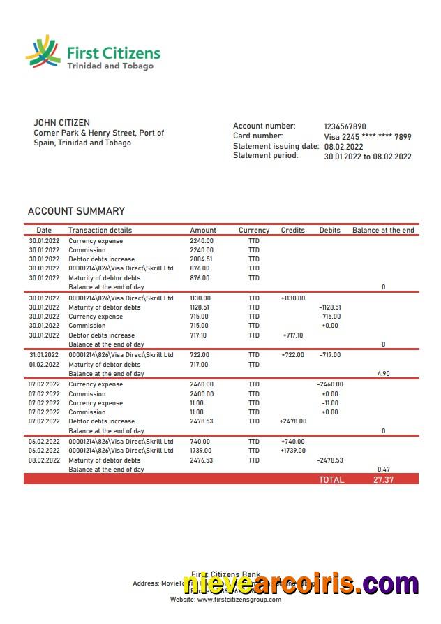Trinidad And Tobago First Citizens Bank Statement Template