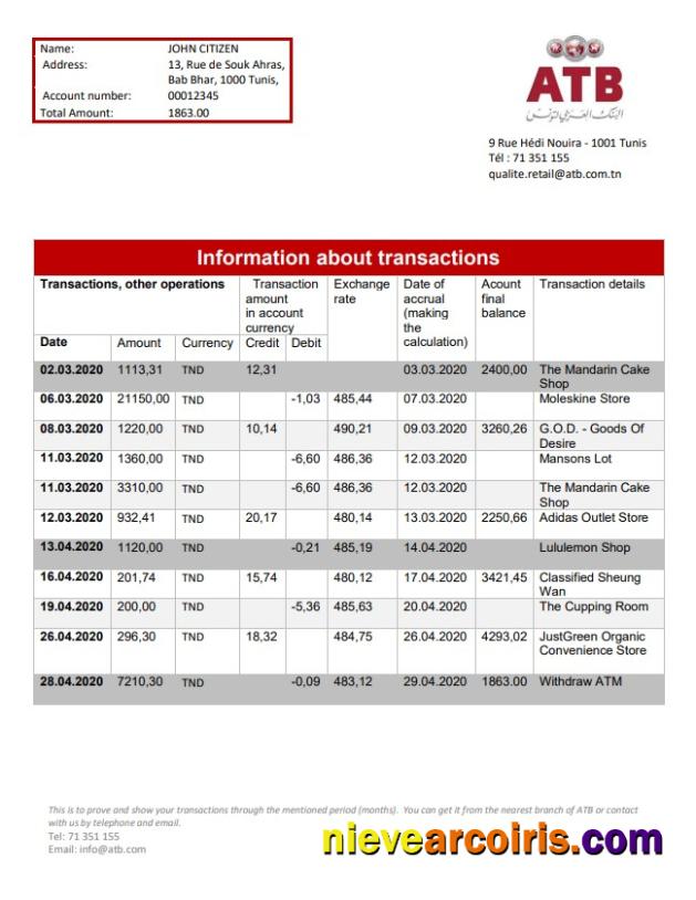 Editable Tunisia ATB Bank Proof Of Address Statement Template In Word And PDF Format (.doc And .pdf)