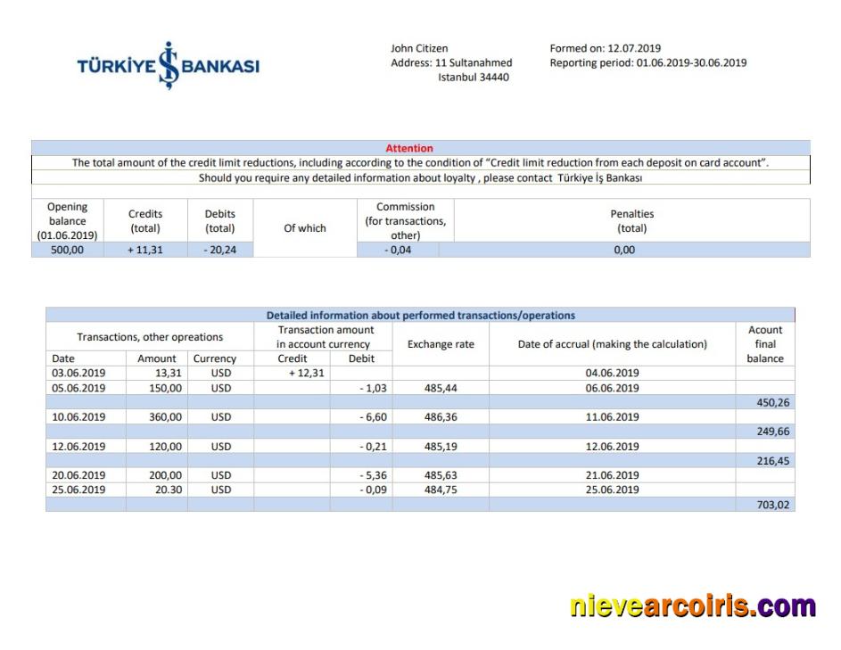 Premium Turkey Bankasi Bank Proof Of Address Statement Template In Word And PDF Format, Fully Editable