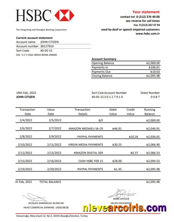 Turkey HSBC Bank Statement Xls Sample
