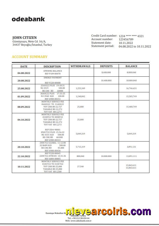 Turkey Odeabank Bank Statement Preview