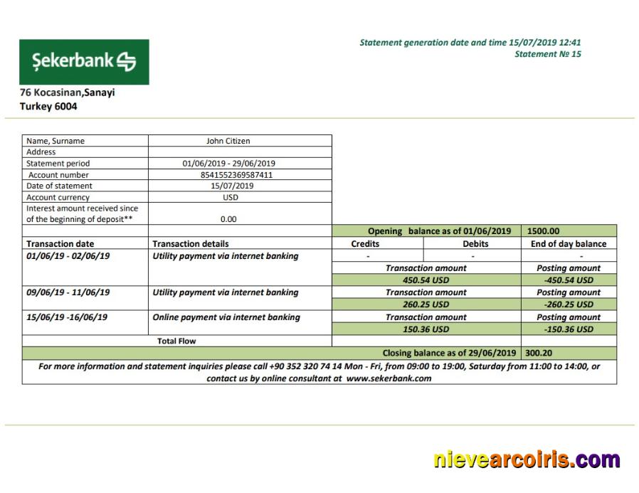 Realistic Turkey Sekerbank Bank Statement Template In .doc And .pdf Format, Fully Editable