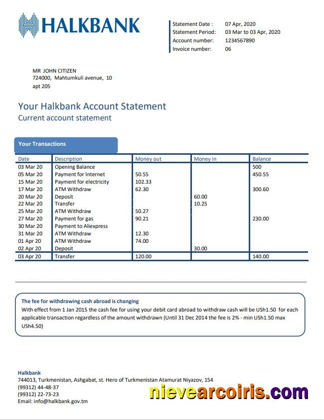 Realistic Turkmenistan Halkbank Proof Of Address Bank Statement Template In Word And PDF Format, .doc And .pdf Format