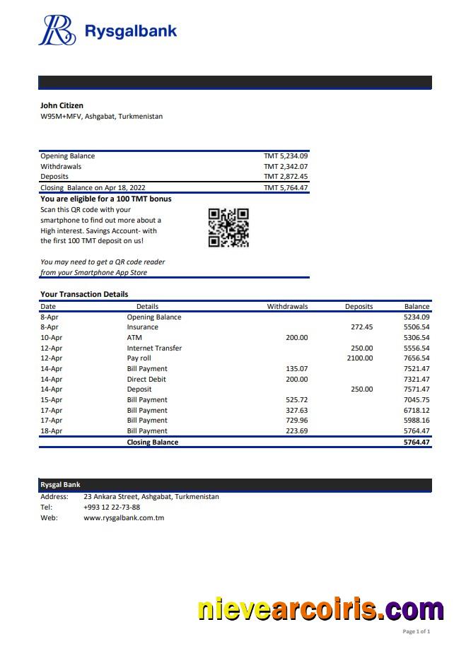 Turkmenistan Rysgal Bank Statement Xls Preview