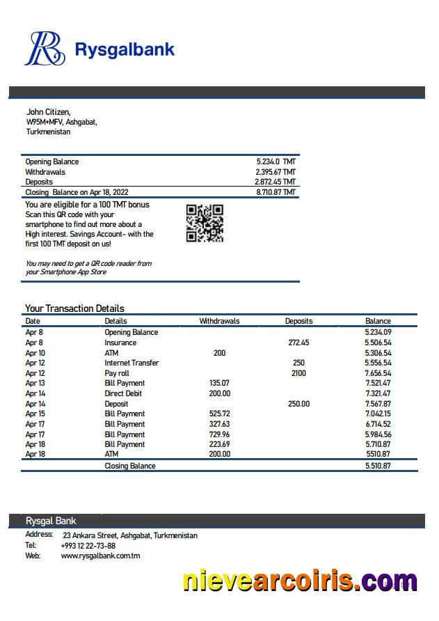 Turkmenistan Rysgal Bank Statement Photolook