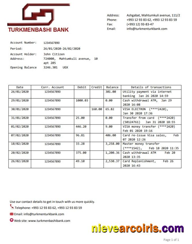 Realistic Turkmenistan Turkmenbashi Bank Statement Template, Word And PDF Format (.doc And .pdf)