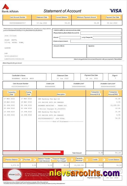 Premium UAE Abu Dhabi Bank Alfalah Statement Word And PDF Template