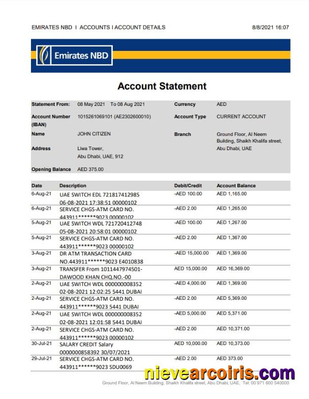 UAE Abu Dhabi Emirates NBD Sample