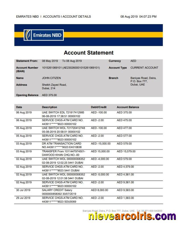 Realistic UAE Dubai Emirates NBD Bank Proof Of Address Statement Template In Word And PDF Format