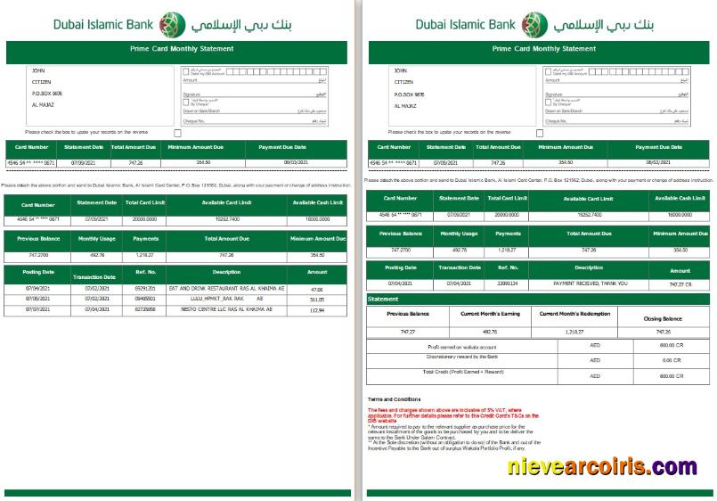 Editable UAE Dubai Islamic Bank Statement Word And PDF Template, 3 Pages