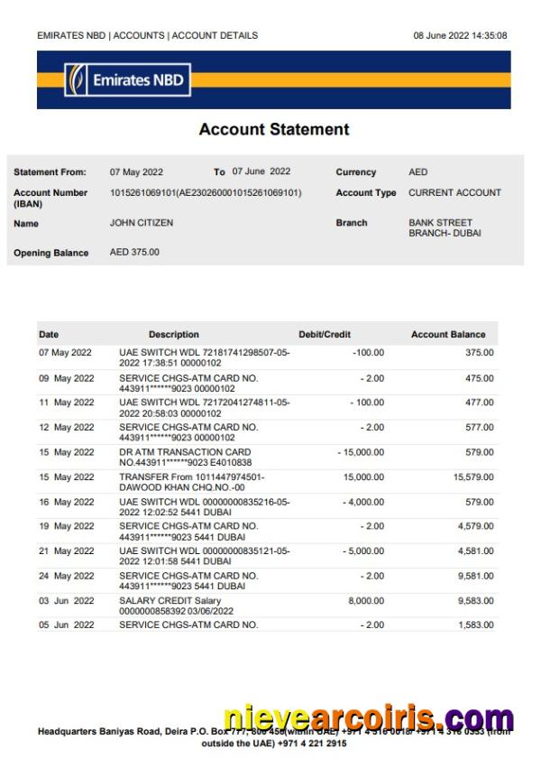 Professional UAE Dubai NBD Bank Statement Word And PDF Template, Version 2