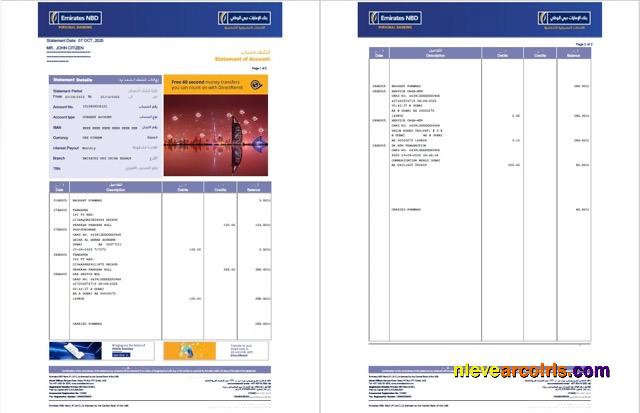 Premium UAE Emirates NBD Bank Statement Of Account Word And PDF Template, 2 Pages