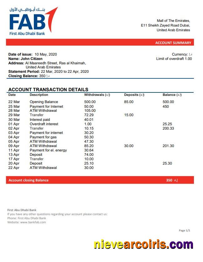 Premium UAE First Abu Dhabi Bank Statement Easy To Fill Template In Word And PDF Format