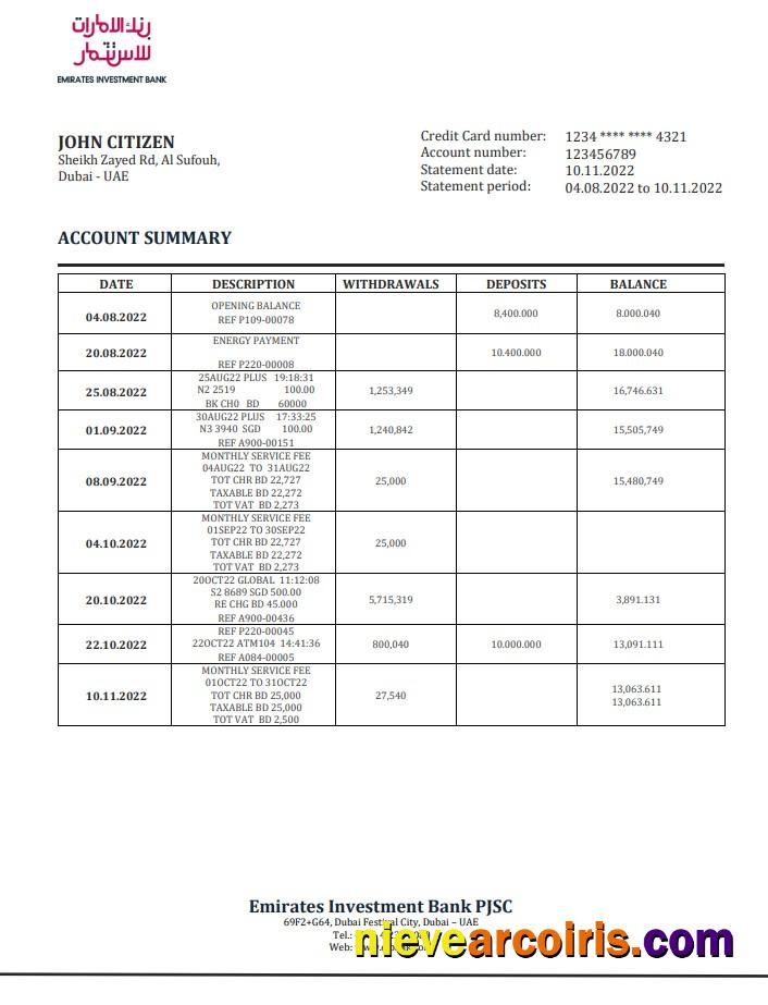 UAE Investment Bank Statement Template