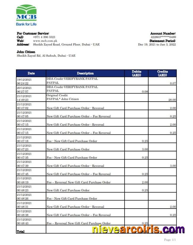 UAE MCB Bank Statement Xls Sample