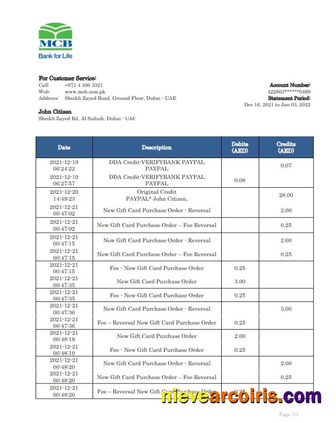 UAE MCB Bank Statement Preview