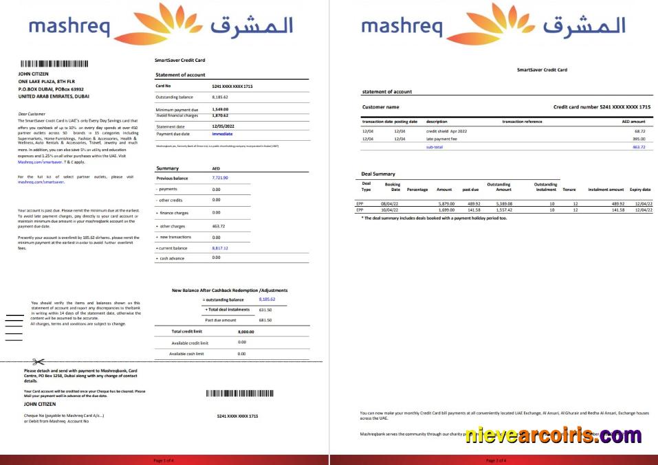 UAE Mashreq Bank Statement 4 Pages Template